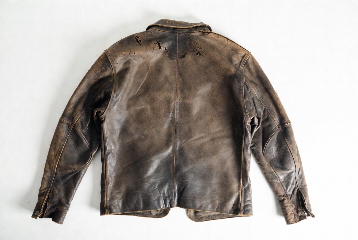 Worn leather jacket back before restoration