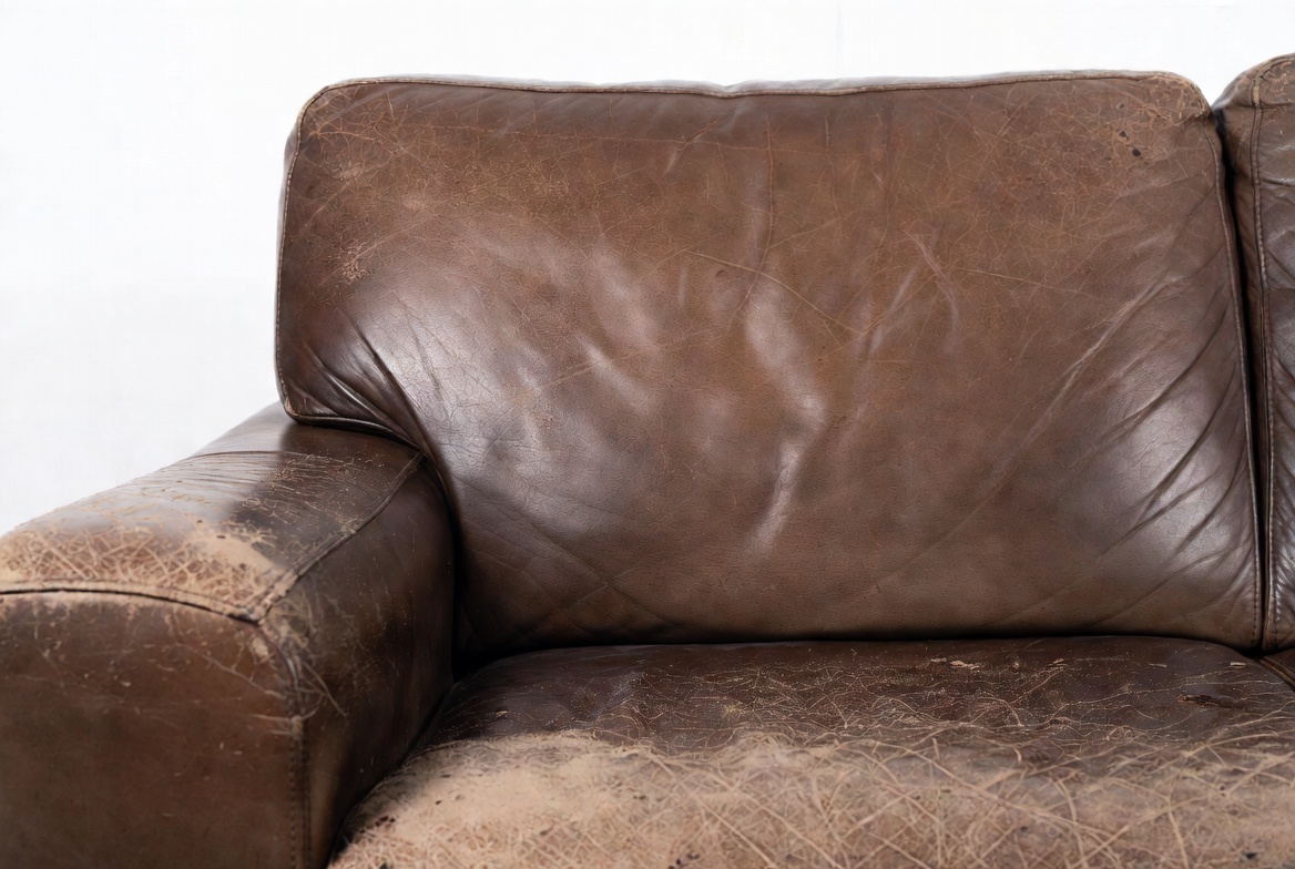 Worn leather sofa close-up before restoration