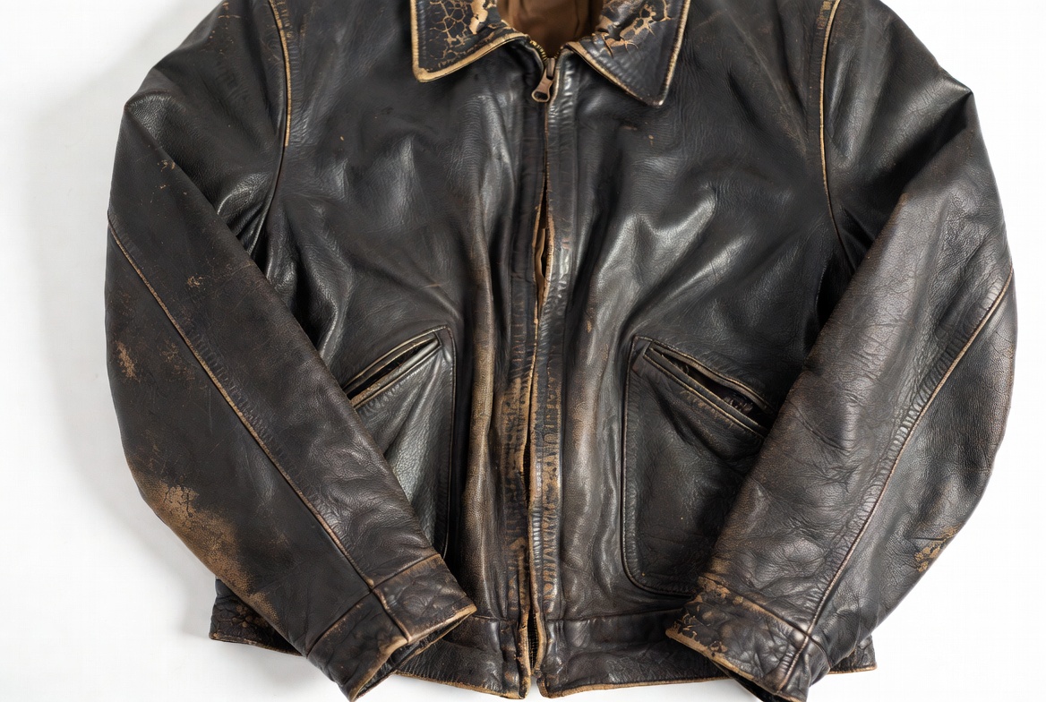 Worn brown leather jacket before repair